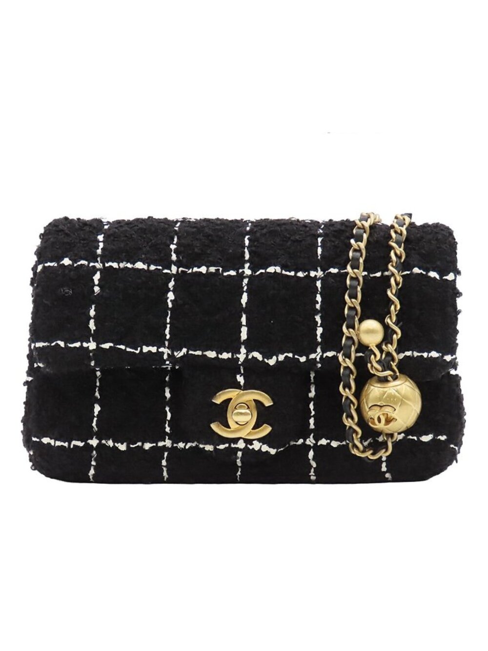 Chanel Chain Shoulder Bag Quilted 20 Coco Ball Black Gold Tweed Leather
